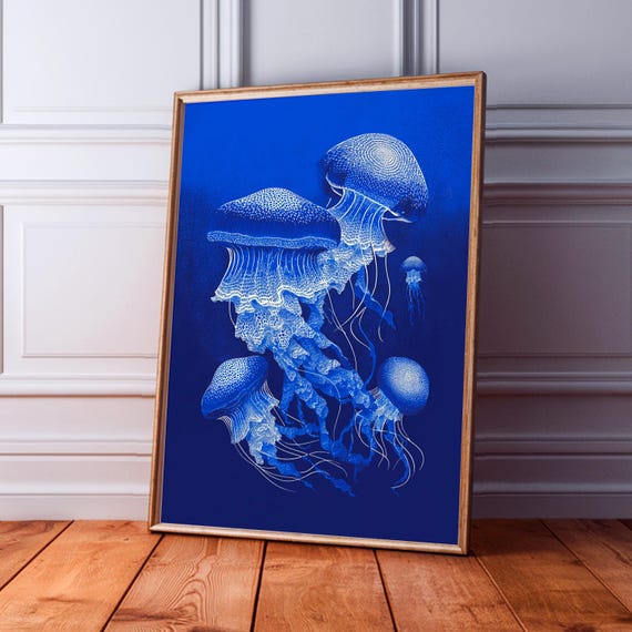 Jellyfish Wall Art, Moonlit Jelly Blue Marine Life Print, Japanese Woodcut Poster, Japandi Coastal Decor, Gift for Ocean Lovers
