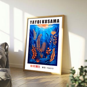 Mundo submarino de Yayoi Kusama, Arte de neón con algas marinas, Decoración de galería bohemia, Arte oceánico, Impresión oceánica