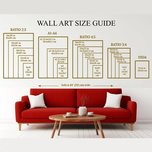 May include: Wall art size guide with dimensions in inches and centimeters. The guide includes ratios 2:3, 4:5, 3:4, and 11x14, with sizes ranging from 8x10 inches to 24x36 inches. A red sofa is below the guide, which is 84 inches wide.