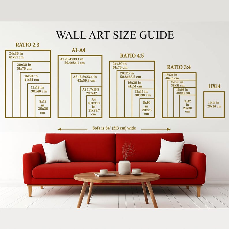 May include: Wall art size guide with dimensions in inches and centimeters. The guide includes ratios 2:3, 4:5, 3:4, and 11x14, with sizes ranging from 8x10 inches to 24x36 inches. A red sofa is below the guide, which is 84 inches wide.