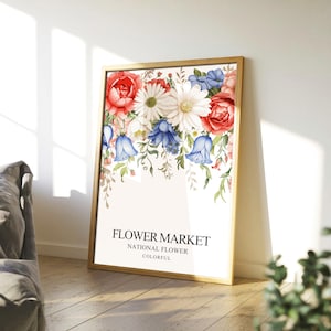 Trilogie du marché floral moderne | Rose rouge Marguerite blanche Campanule bleue | Décoration murale en art vectoriel | affiche vintage de fleuriste | Téléchargement numérique