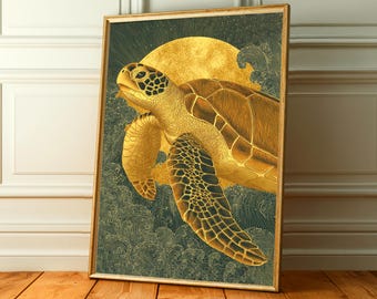 Sea Turtle Japanese Woodblock Print, Golden Ocean Waves Coastal Art