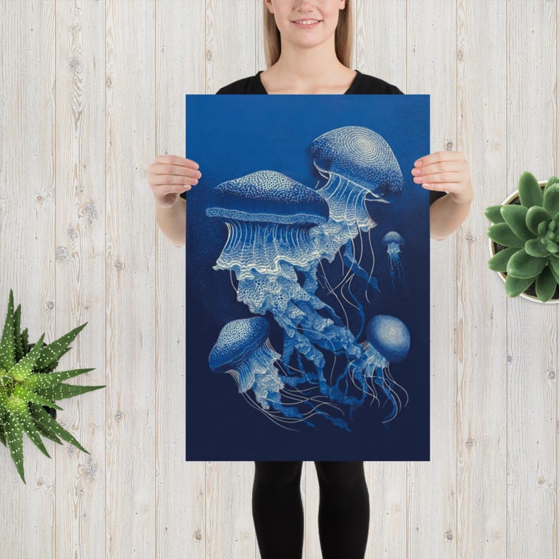 Jellyfish Art Print - Enchanting Deep Blue Ocean with Floating Medusas, White Textured Tentacles, Dreamy Underwater Wall Decor for Home