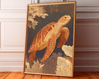 Sea Turtle Poster, Golden Hawksbill Poster,  Ocean Wall Art