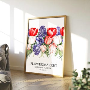 Póster de jacinto con tulipán y meditación, póster de mercado de flores, decoración de pared bohemia, decoración con jacinto, regalo botánico sereno para el hogar.