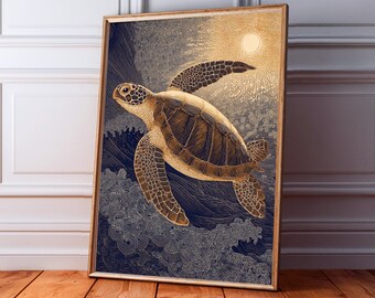 Golden Sea Turtle Art Print, Vintage Ocean Illustration, Coastal Home Decor