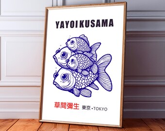 Yayoi Kusama, Fish Print, Japanese Art, Blue Poster,Home Decon Poster