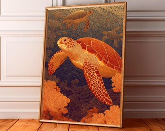Sea Turtle Print, Vibrant Ocean Inspired Wall Art, Retro Museum Print, Coastal Decor