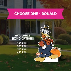 Op de afbeelding: Donald Duck tuindecoratie met een pompoen. Verkrijgbaar in de maten 61 cm, 76 cm, 91 cm en 114 cm hoog. De tekst "CHOOSE ONE - DONALD" staat op een roze banner.