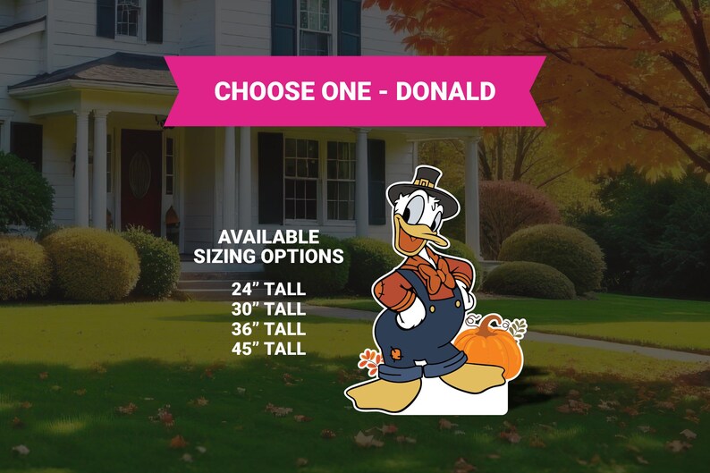 Op de afbeelding: Donald Duck tuindecoratie met een pompoen. Verkrijgbaar in de maten 61 cm, 76 cm, 91 cm en 114 cm hoog. De tekst "CHOOSE ONE - DONALD" staat op een roze banner.