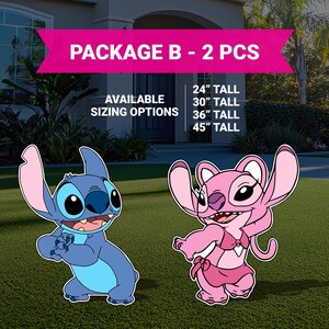 May include: Package B includes two cartoon character cutouts, one blue and one pink, of Stitch and Angel from the Disney movie Lilo & Stitch. The characters are shown standing on a green lawn. The text "PACKAGE B - 2 PCS" is at the top of the image. The text "AVAILABLE SIZING OPTIONS" is below the text "PACKAGE B - 2 PCS". The text "24" TALL", "30" TALL", "36" TALL", and "45" TALL" is below the text "AVAILABLE SIZING OPTIONS".