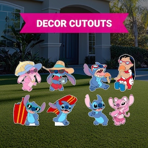 May include: A set of eight colorful cartoon character cutouts featuring Stitch and Angel from the Disney movie Lilo & Stitch. The characters are in various poses, including holding a camera, eating ice cream, and surfing. The cutouts are perfect for decorating a party or adding a touch of whimsy to a room.