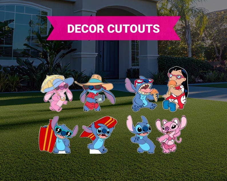 May include: A set of eight colorful cartoon character cutouts featuring Stitch and Angel from the Disney movie Lilo & Stitch. The characters are in various poses, including holding a camera, eating ice cream, and surfing. The cutouts are perfect for decorating a party or adding a touch of whimsy to a room.