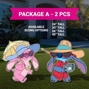 May include: Package A - 2 PCS. Two cartoon Stitch characters, one wearing a blue hat and sunglasses holding an umbrella, the other wearing a straw hat and sunglasses holding a camera. Available sizing options: 24", 30", 36", 45" tall.