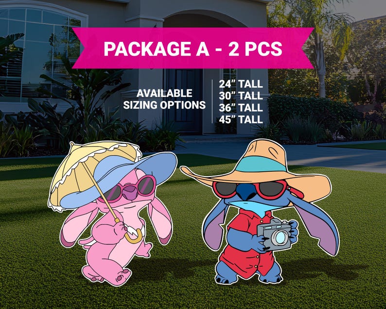 May include: Package A - 2 PCS. Two cartoon Stitch characters, one wearing a blue hat and sunglasses holding an umbrella, the other wearing a straw hat and sunglasses holding a camera. Available sizing options: 24", 30", 36", 45" tall.