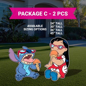 May include: Package C - 2 PCS. Available sizing options: 24", 30", 36", 45" tall. Two cartoon characters, Stitch and Lilo, are eating ice cream cones. Stitch is blue with red glasses and Lilo is wearing a red and white dress with pink glasses.