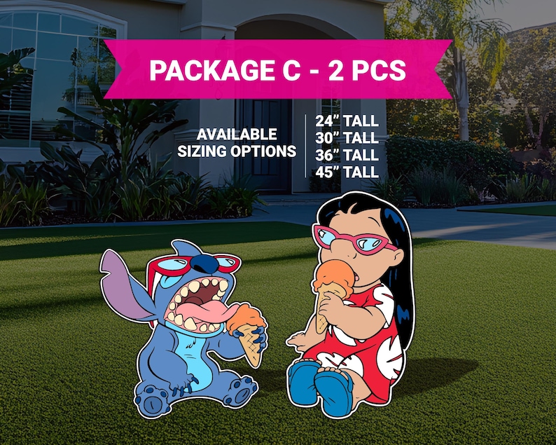 May include: Package C - 2 PCS. Available sizing options: 24", 30", 36", 45" tall. Two cartoon characters, Stitch and Lilo, are eating ice cream cones. Stitch is blue with red glasses and Lilo is wearing a red and white dress with pink glasses.