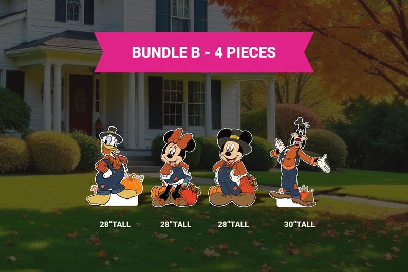 Op de afbeelding: Vier karakteruitsparingen: Donald Duck, Minnie Mouse, Mickey Mouse en Goofy, elk met herfstthema-outfits en pompoenen. De Donald Duck-, Minnie Mouse- en Mickey Mouse-uitsparingen zijn 71 cm hoog en Goofy is 76 cm hoog. De banner luidt "BUNDLE B - 4 PIECES."