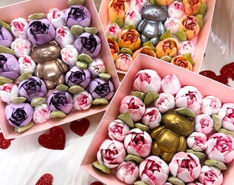 Marshmallow Flowers with Chocolate Teddy Bear | Zefir Tulips | Edible Flowers Gift Box | Cake Decorations