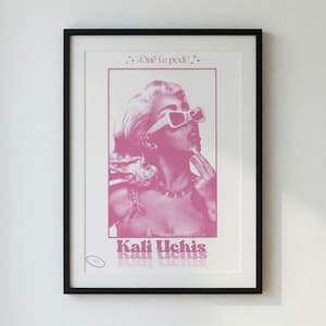 May include: Pink framed art print featuring a stylized portrait of Kali Uchis wearing sunglasses. The print includes the text "¿Qué te pedí?" and "Kali Uchis" in a pink hue, creating a retro aesthetic.