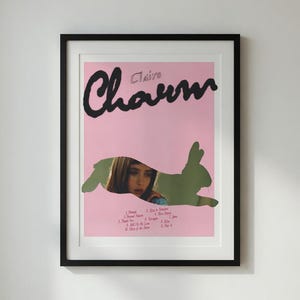 Puede incluir: Póster enmarcado con fondo rosa, con el texto negro "Clairo Charm". Una silueta de conejo verde está recortada, revelando la cara de una persona. Los títulos de las canciones se enumeran a continuación.