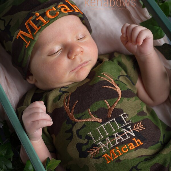 Newborn Baby Boy Outfit, Little Man, Camo, Hunting, Deer Antlers,Personalized Baby Beanie Hat, Baby Shower Gift, Newborn, Infant boy