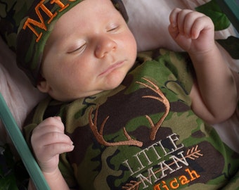 Newborn Baby Boy Outfit, Little Man, Camo, Hunting, Deer Antlers,Personalized Baby Beanie Hat, Baby Shower Gift, Newborn, Infant boy