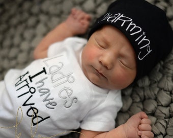 Newborn Baby Boy Outfit, Ladies I Have Arrived, Charming Baby Beanie Hat, Baby Shower Gift, Embroidered Shirt, Newborn, Infant, toddler