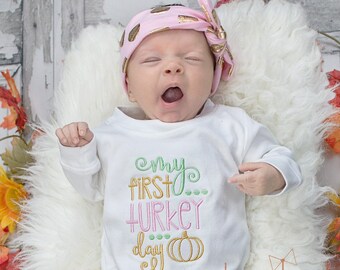 Baby's First Thanksgiving, My First Turkey Day Romper, 1st Fall, Newborn Baby Girl, Pink, Gold, Mint, Baby Shower Gift, Top Knot Headband