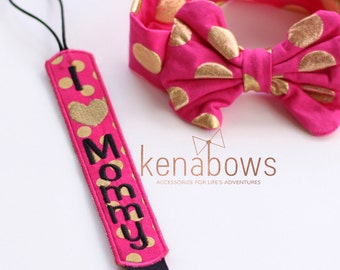 I Love Mommy Pacifier Clip, Mommy's Girl, Hot Pink, Gold, Bow Headband, Binky Holder, Baby Girl, Universal Paci Clip, Pacifier Keeper, Leash