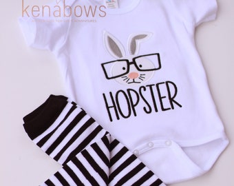 Easter Baby Outfit: Hopster, Rabbit, Bunny, My 1st Easter, Baby Boy, Bunny Glasses, Leg Warmers,Black, Trendy, Spring Bodysuit, First Easter