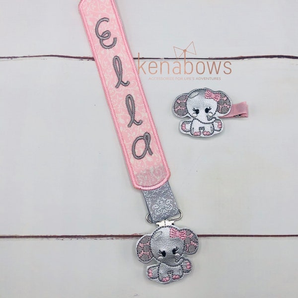 Pink Elephant Pacifier Clip, Hair Clip, Personalized Binky Holder, Baby Girl, Universal Paci, Pacifier Leash, Grey, Silver