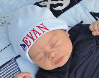 Baby Boy Beanie Hat, Personalized Nautical Sailboat Hat, Light Blue Cotton Beanie, Baby Shower Gift, Baby Girl Home from Hospital Cap