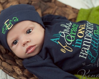New Baby Gown: Newborn Navy Boy Outfit, Gods Grace in One Handsome Face, Infant Boy Gown, Baby Shower Gift, Personalized Cotton Beanie Hat