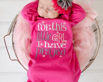 Newborn Baby Gown: Hot Pink Infant Girl Gown, For This Little Girl I Have Prayed, New Baby Shower Gift, Personalized Cotton Beanie Hat