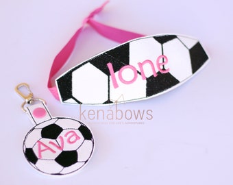 Soccer Headband, Sports Bag Tag, Personalized Girl Soccer Gift, Embroidered Soccer Hair Accessory, Sports Band, Vinyl Soccer Snap Tab