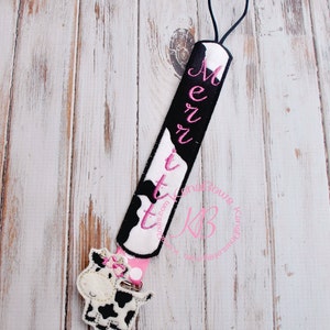 Girl Cow Pacifier Clip: Farm Animal, Baby Girl, Personalized Binky Holder, Universal Paci Clip