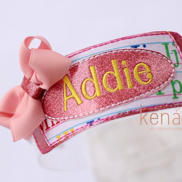 School Headband, Personalized Pink Crayon Headband, Pre-K, Preschool, Kindergarten, 1st Grade, First Day School Hair Bow, Back To School