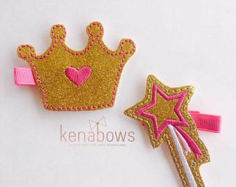 Princess Crown and Wand Clips, Hair Clips, Gold Glitter, Hot Pink, Vinyl Hair Feltie, Toddler Hair Barrettes, School Clips, Baby Clips
