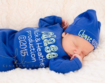 New Baby Boy Outfit, Personalized Parent Production, Birth Announcement, Blue Baby Boy Gown, Baby Shower Gift, Personalized Cotton Hat