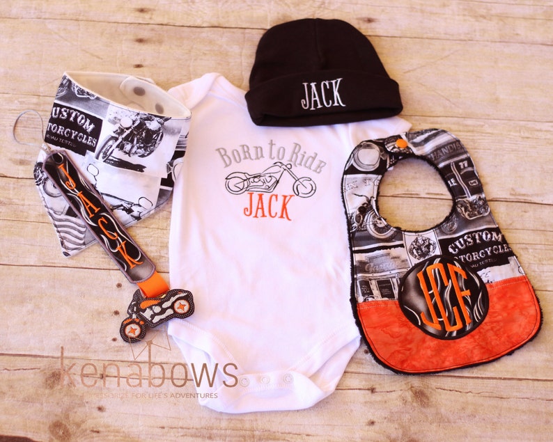 Motorcycle Bandana Bib, Pacifier Clip, Harley Orange, Black, Flames, Baby Boy, Baby Girl, Personalized Binky Holder, Universal Pacifier Keep image 7