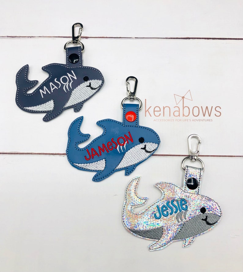 Shark Personalized Name Tag, School Backpack Tag, Blue Shark Snap Tab, Sports Bag Key Fob, Key Chain, Lunch Box Tag, Gym Bag, Diaper Bag Tag image 1