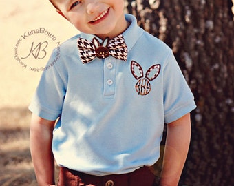 Easter Monogram Polo Shirt: Toddler Boy Polo, Youth Spring Bunny Shirt, Blue Easter Shirt, Bunny Bow Tie, Easter Bow Tie