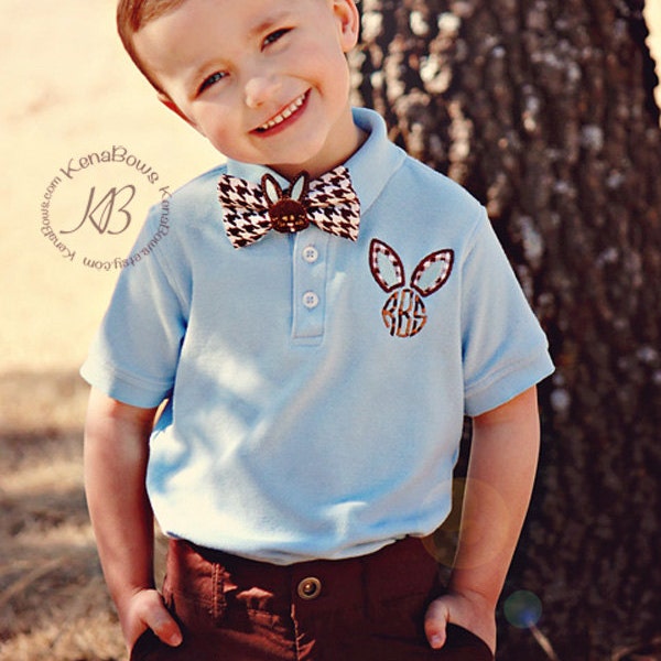 Easter Monogram Polo Shirt: Toddler Boy Polo, Youth Spring Bunny Shirt, Blue Easter Shirt, Bunny Bow Tie, Easter Bow Tie