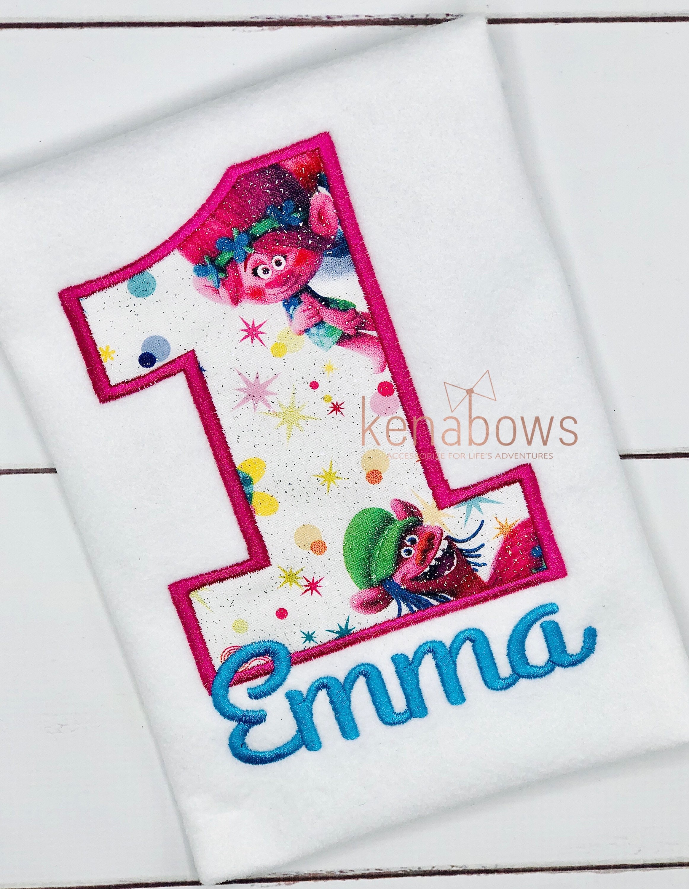Trolls Birthday Shirt, Glitter Fabric, Embroidered Shirt, 1st
