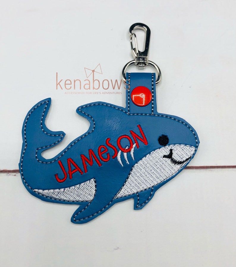 Shark Personalized Name Tag, School Backpack Tag, Blue Shark Snap Tab, Sports Bag Key Fob, Key Chain, Lunch Box Tag, Gym Bag, Diaper Bag Tag image 3