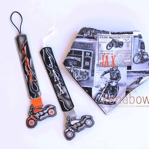 Motorcycle Bandana Bib, Pacifier Clip, Harley Orange, Black, Flames, Baby Boy, Baby Girl, Personalized Binky Holder, Universal Pacifier Keep image 2