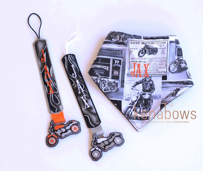 Motorcycle Bandana Bib, Pacifier Clip, Harley Orange, Black, Flames, Baby Boy, Baby Girl, Personalized Binky Holder, Universal Pacifier Keep image 2