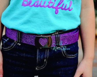 Purple Glitter Belt, Heart Buckle Belt, Child Belt, Cotton Belt, Military Style Slider Belt, Girl Belt, School Belt, Birthday Gift