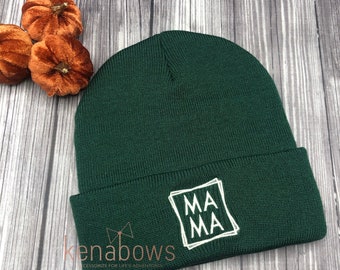 Mama Beanie Hat, Forest Green, Trendy Hat, Mom, Birthday Gift, Christmas Gift Mom, Winter Hat, Cuffed Beanie, Knitted Hat, Fall Embroidered